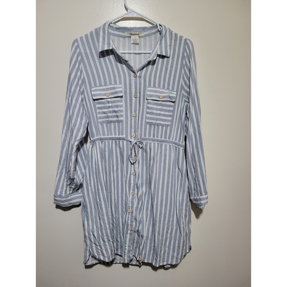 Passport‎ Shirt Dress Womens XL Blue White Striped Drawstring Roll Tab Sleeve